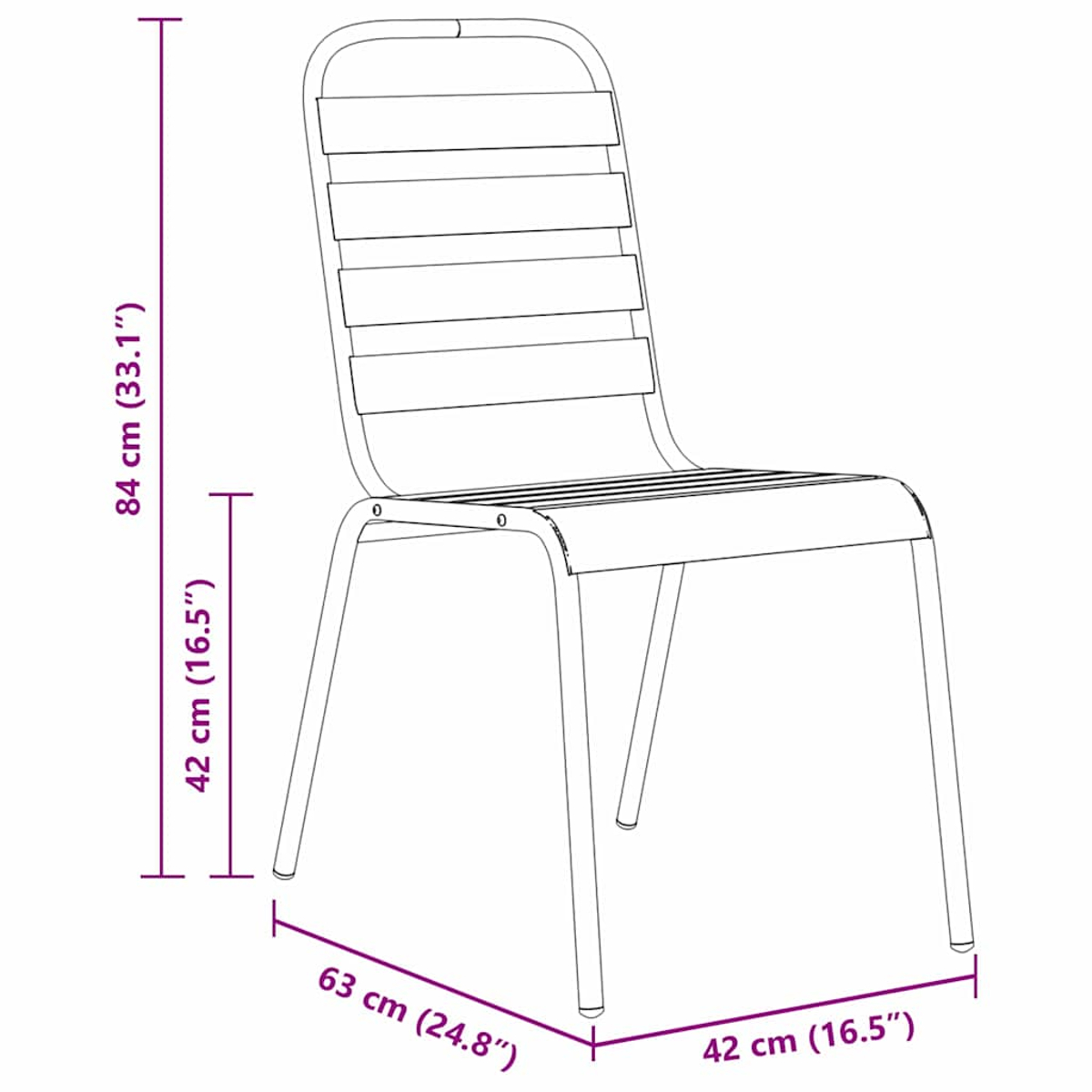 Ein Stuhl mit Lamellenrücken und Metallrahmen, Maße sind angegeben. Der Sitz ist ebenfalls mit Lamellen versehen.