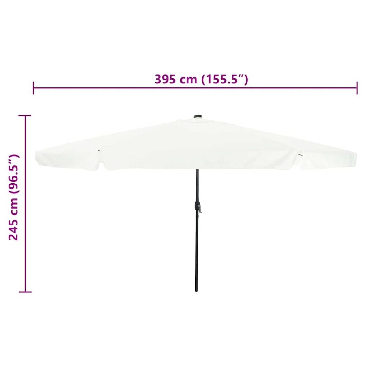 Un ombrellone bianco da esterno con dimensioni etichettate.