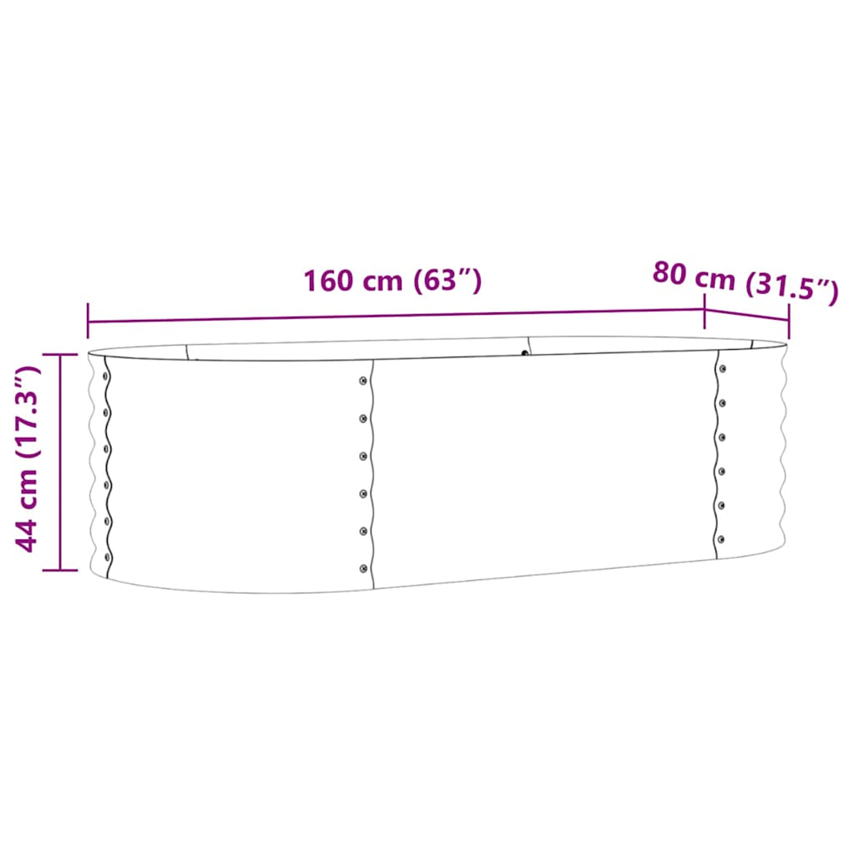 Fioriera rettangolare metallica con dimensioni: 160 cm x 80 cm x 44 cm.