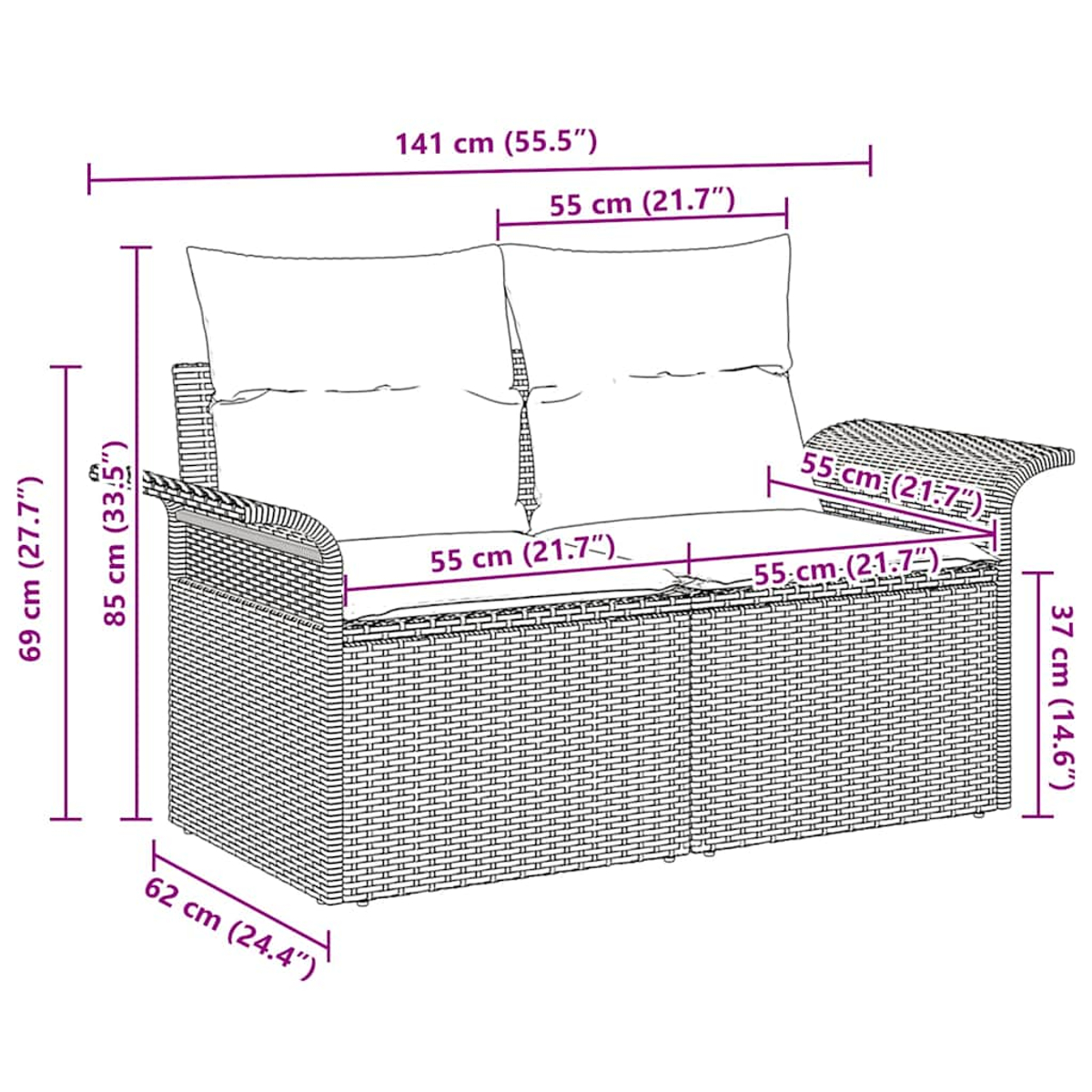 Ein Zweisitzer-Outdoor-Sofa mit Maßangaben.