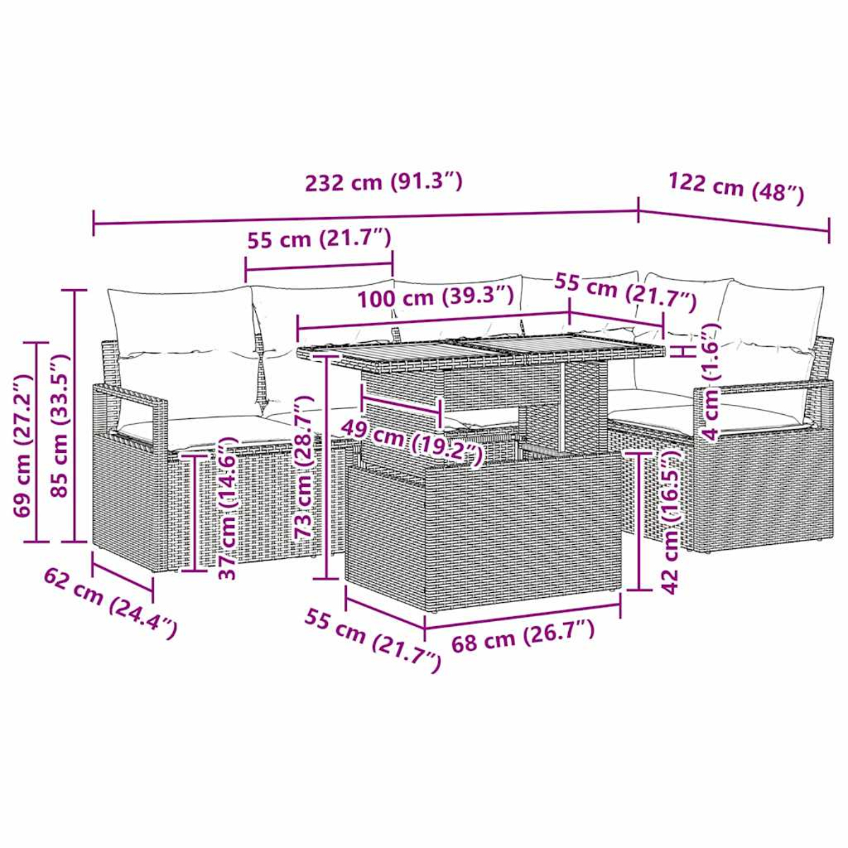 Gartenmöbel-Set aus Korbgeflecht mit Sofa, zwei Hockern und einem Tisch. Maße in cm und Zoll.