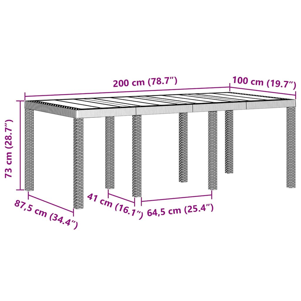 Ein rechteckiger Gartentisch mit Abmessungen in Zentimetern. Der Tisch hat ein Webmuster.