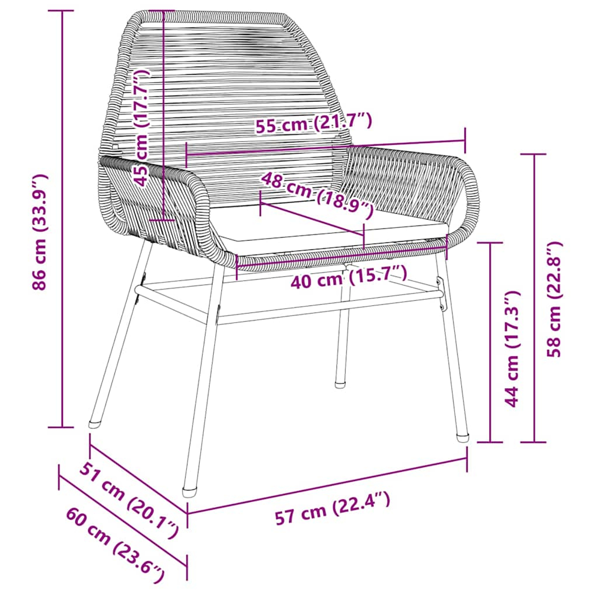 Una sedia con dimensioni. Ha uno schienale curvo e un cuscino.