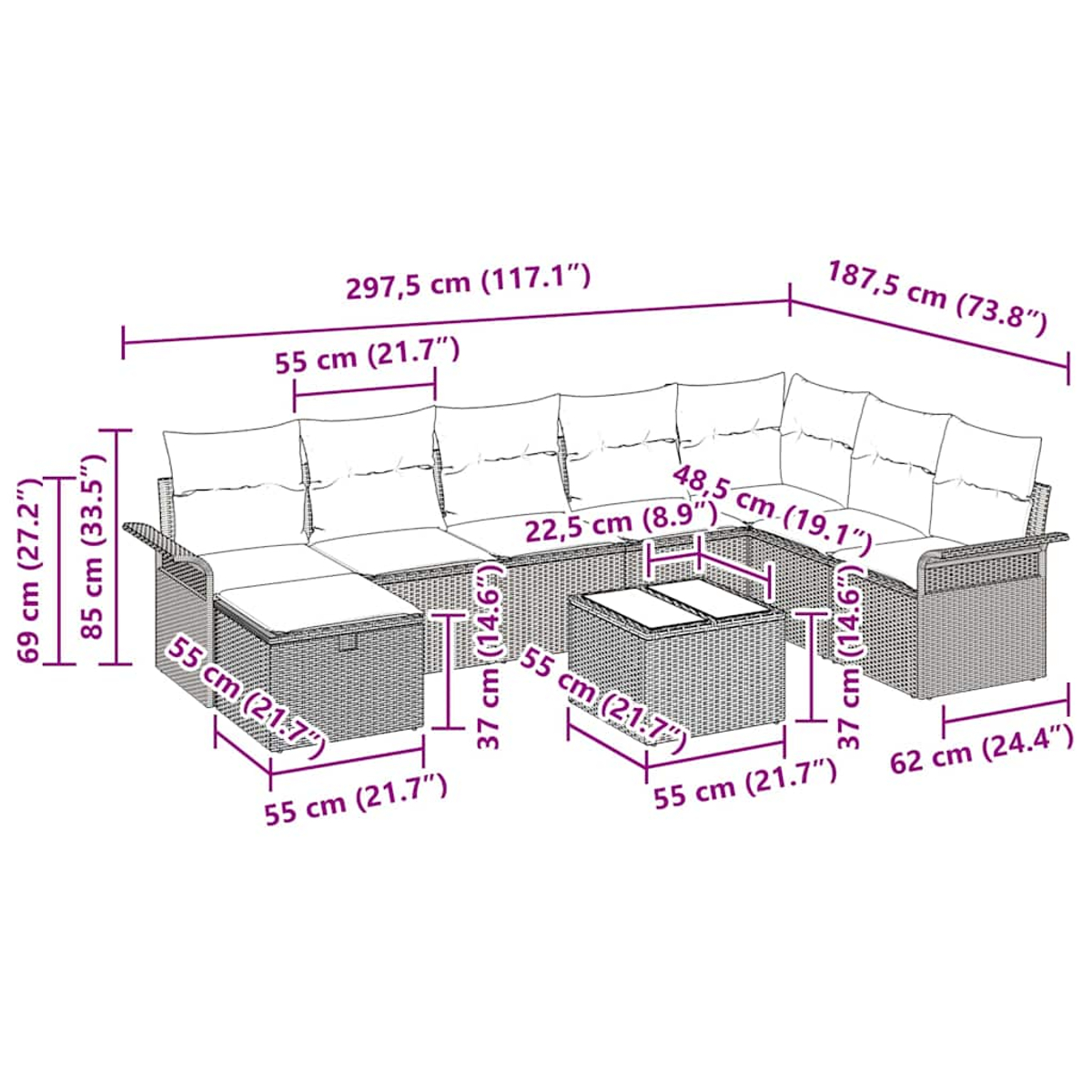 Gartenmöbel-Set aus Korbgeflecht mit Sofa, zwei Hockern und einem Tisch. Maße in cm und Zoll.