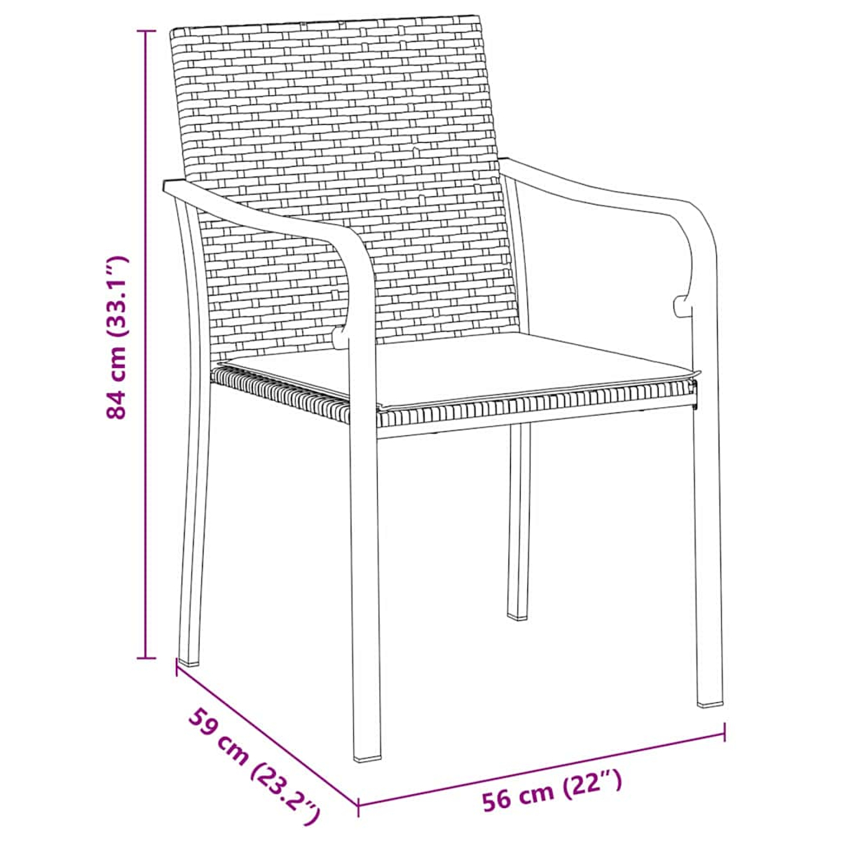 Linienzeichnung eines Stuhls, Abmessungen in Zentimetern und Zoll, die den Aufbau der Struktur zeigen.