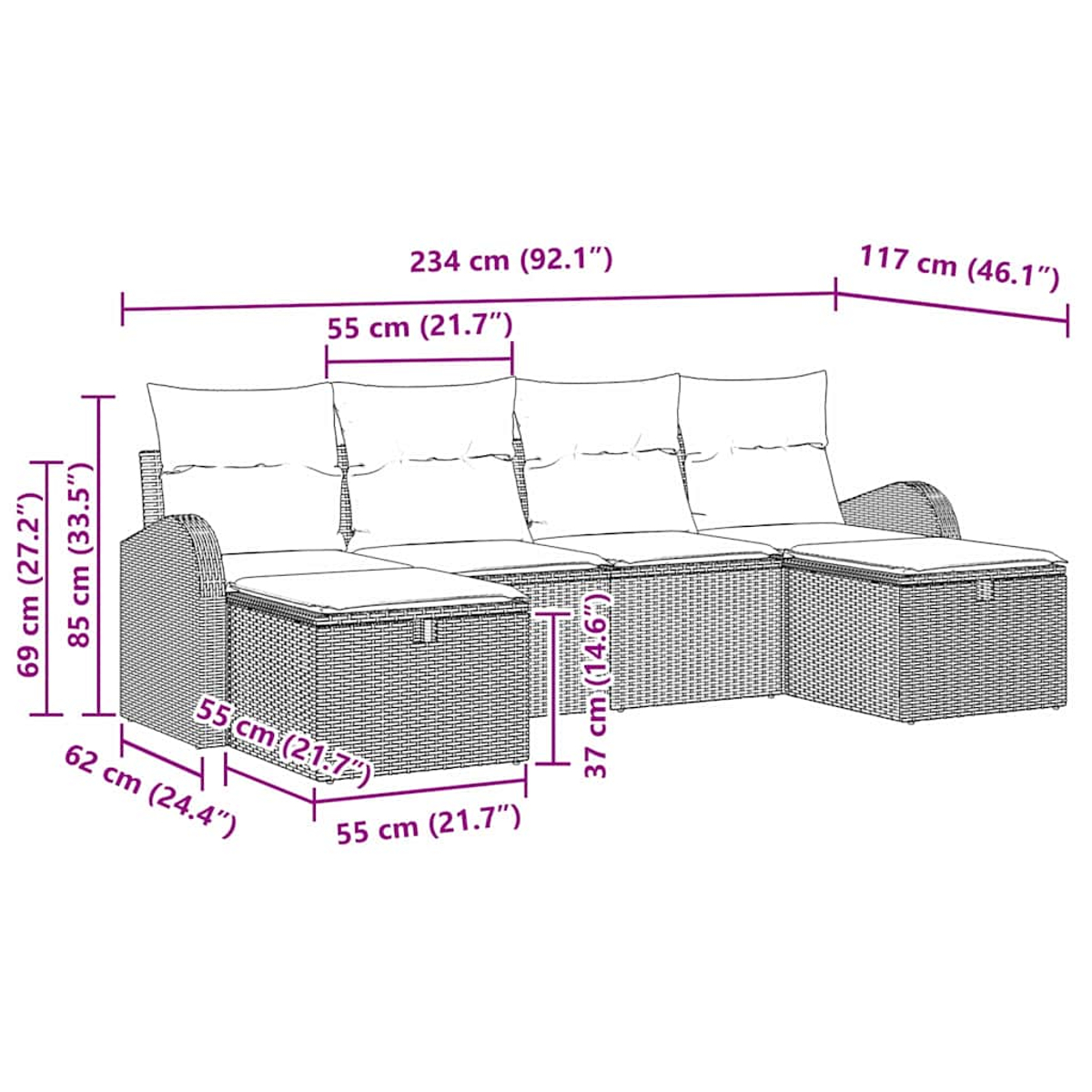 Ein Outdoor-Sofa aus Weide mit beschrifteten Abmessungen.
