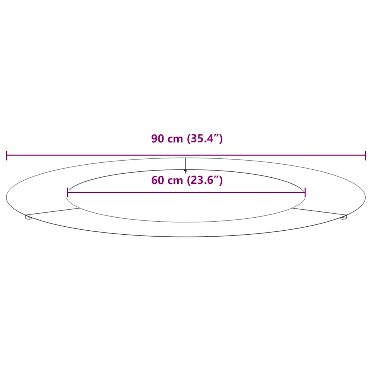 Un oggetto ovale con dimensioni etichettate. L'ovale più grande è lungo 90 cm, largo 60 cm.