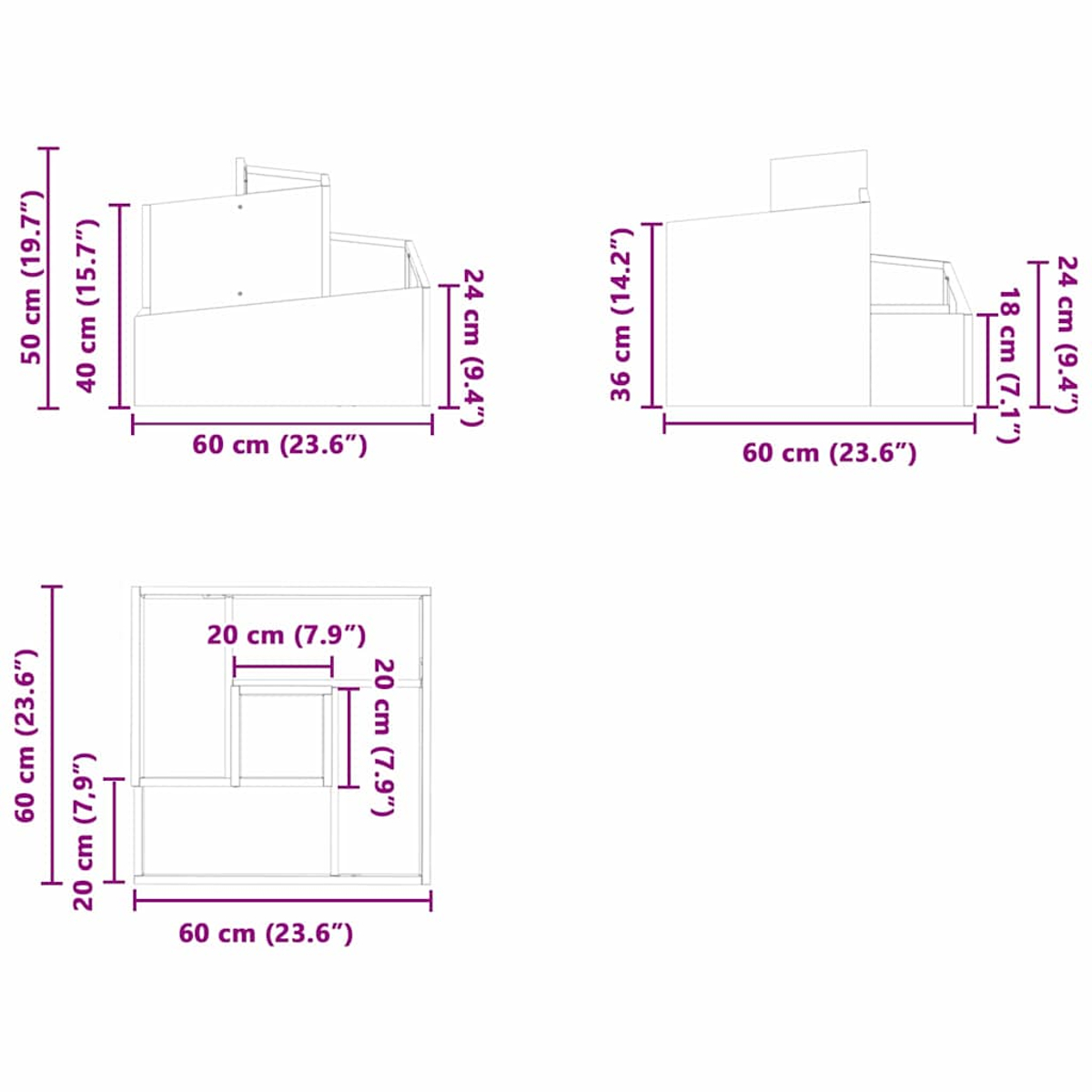 Tre diagrammi che mostrano una struttura a gradini con dimensioni etichettate. La struttura è una forma a scatola.