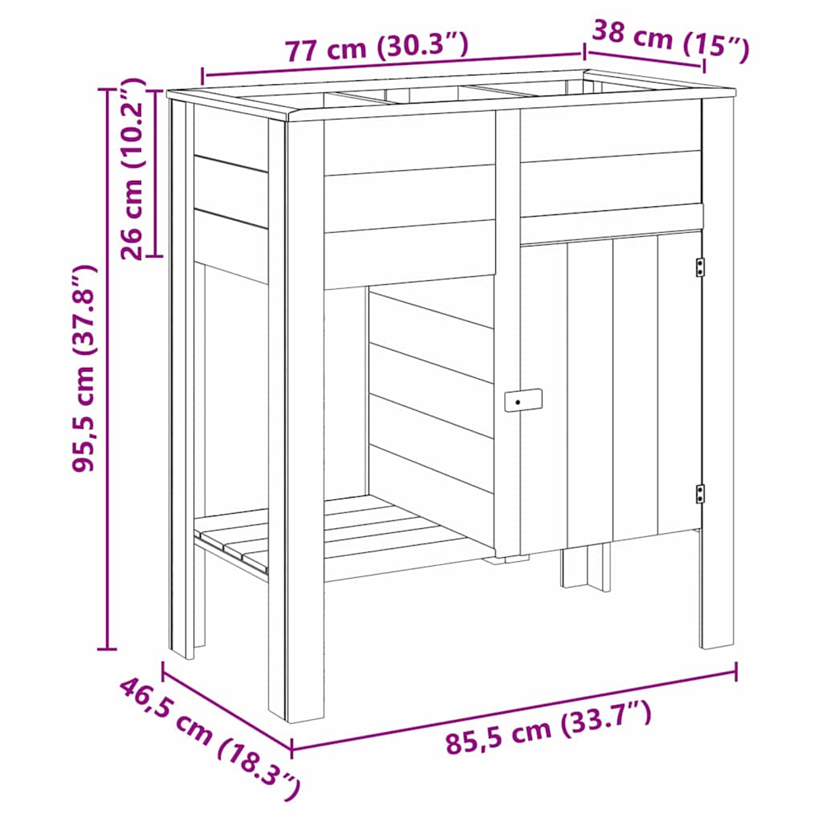 Un mobile in legno con dimensioni etichettate. Ha una porta e un ripiano. Il mobile è rettangolare.