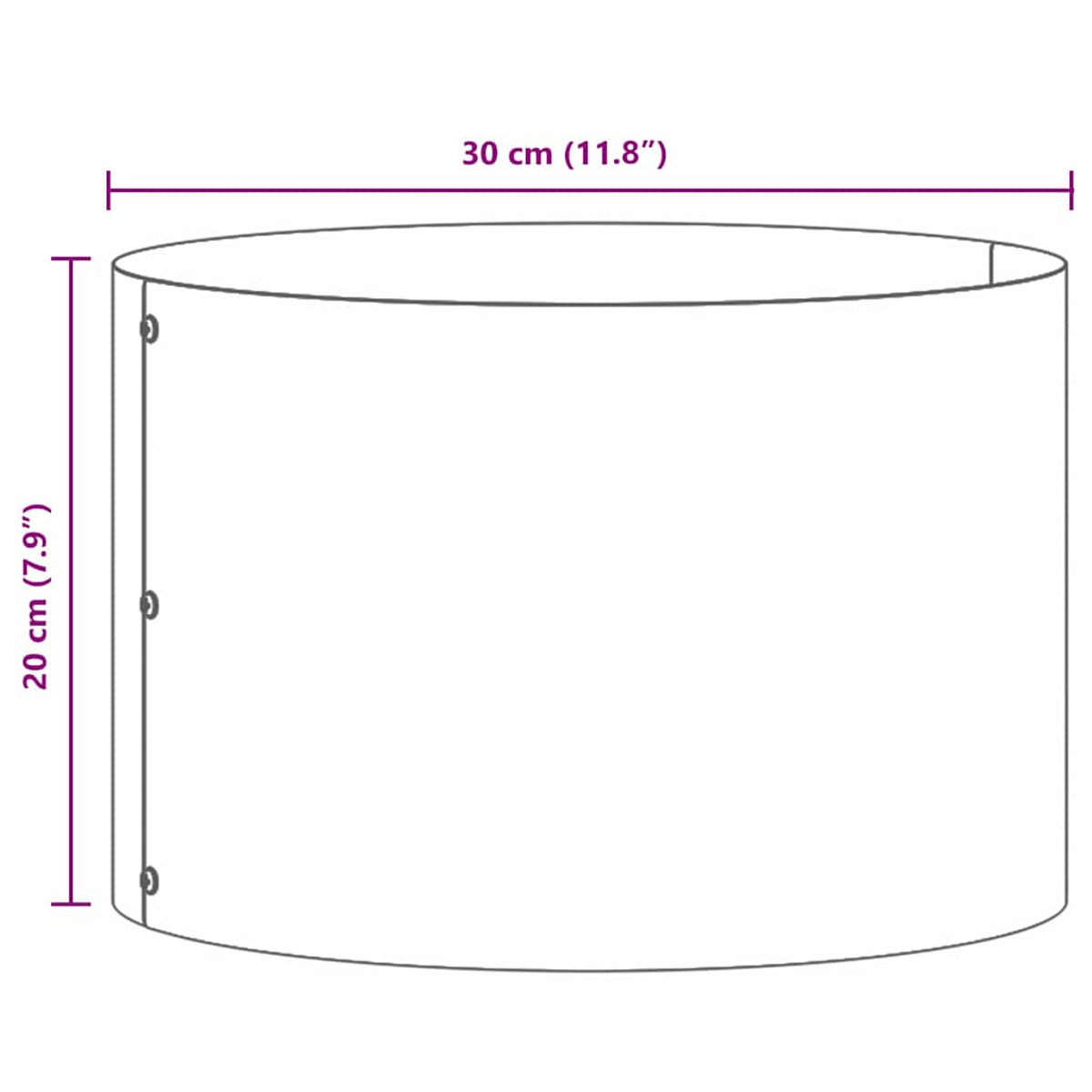 Un oggetto cilindrico con esterno bianco, 30 cm di diametro e 20 cm di altezza. Design semplice e moderno.