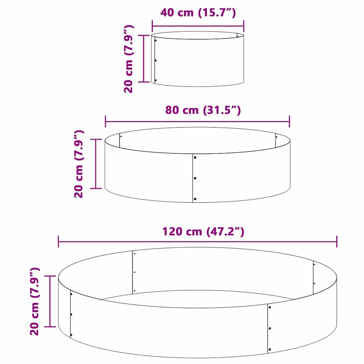 Tre oggetti cilindrici con dimensioni etichettate. Il più grande è largo 120 cm. Il più piccolo è largo 40 cm.