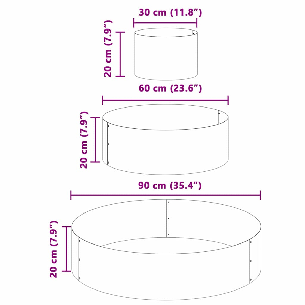 Tre oggetti cilindrici con dimensioni etichettate. Il più grande è largo 90 cm. Il più piccolo è largo 30 cm.