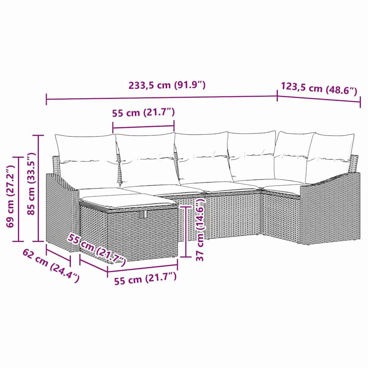Das Bild zeigt die Abmessungen eines modularen Outdoor-Sofas. Das Sofa ist grau mit weißen Kissen.