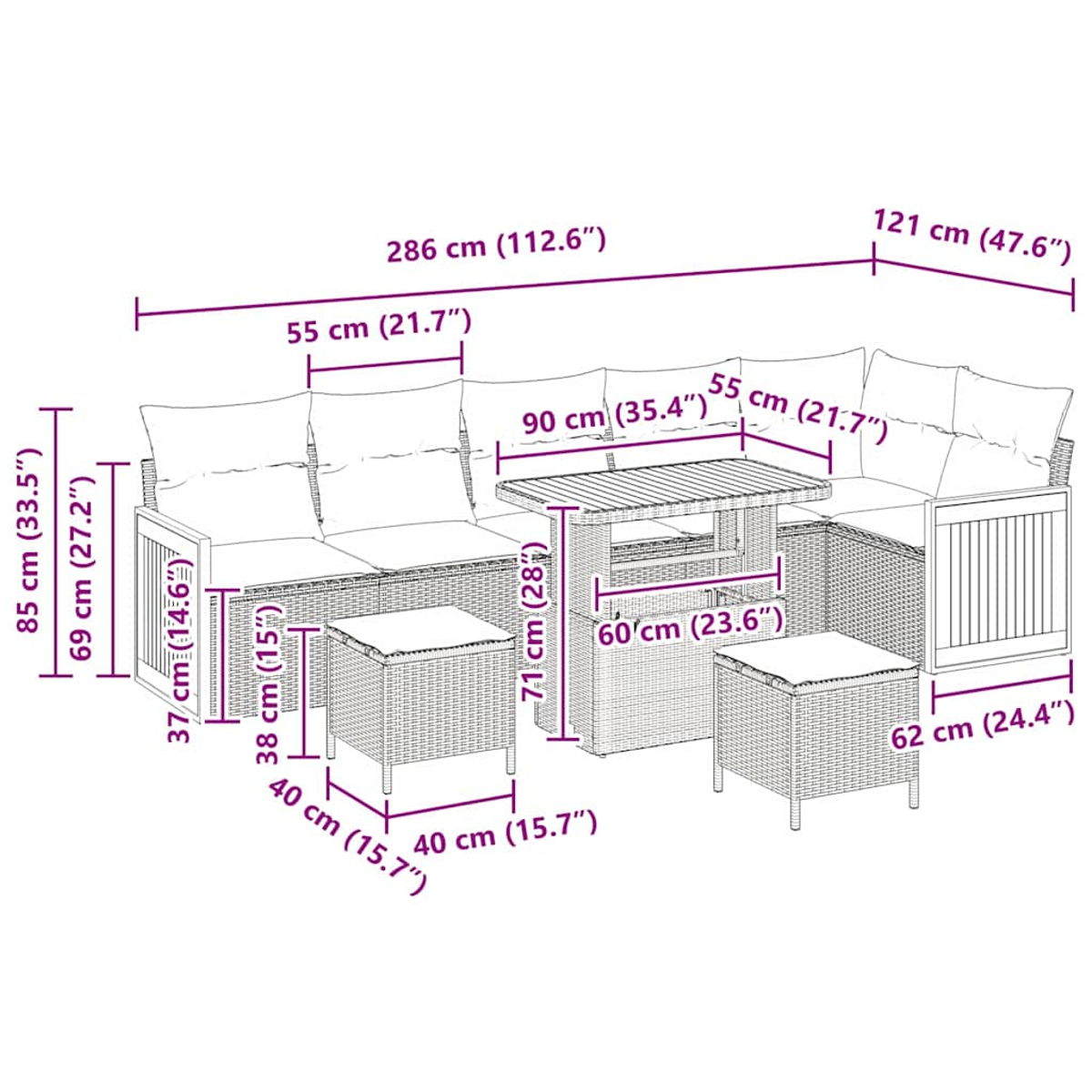 Ein Möbelset mit Abmessungen. Beinhaltet ein Sofa, einen Tisch, Stühle und Ottomane, alle mit einem Flechtmuster und Kissen.