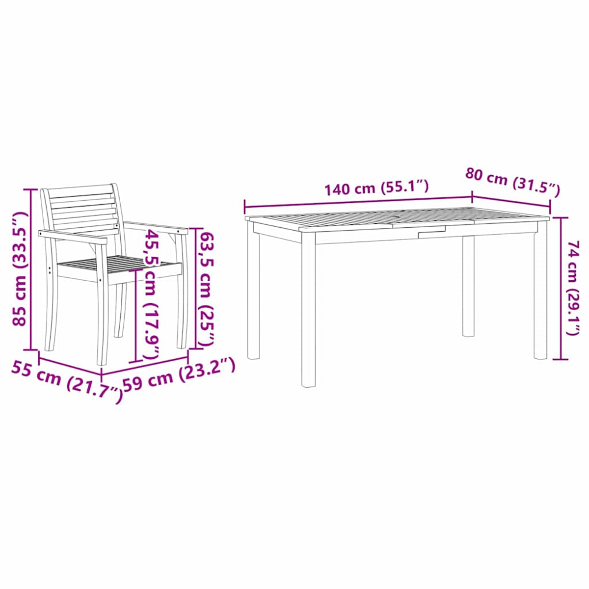 Ein Stuhl und Tisch mit Abmessungen. Der Stuhl und der Tisch sind aus Holz.