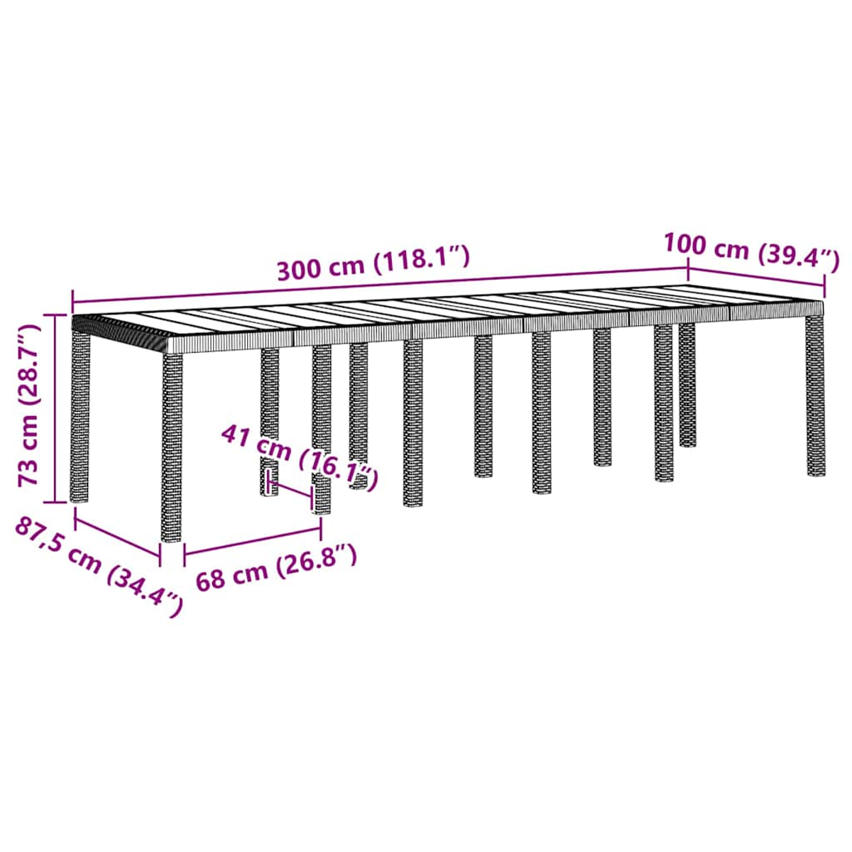 Ein Tisch mit Abmessungen. Der Tisch hat ein rechteckiges Design und ist aus Holz.