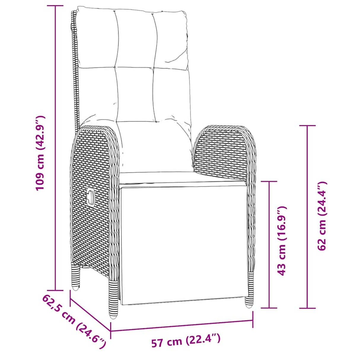 Hochlehniger Korbstuhl mit Kissen. Abmessungen sind angegeben.