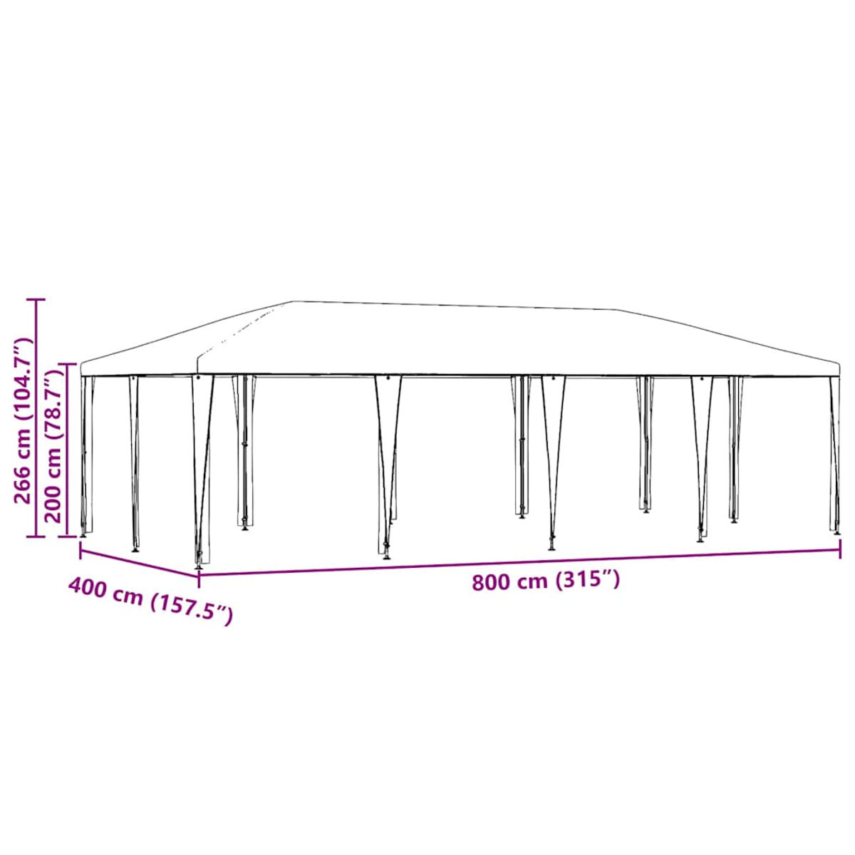 Weißer rechteckiger Pavillon mit Maßen in cm. Maße sind auf dem Bild angegeben.