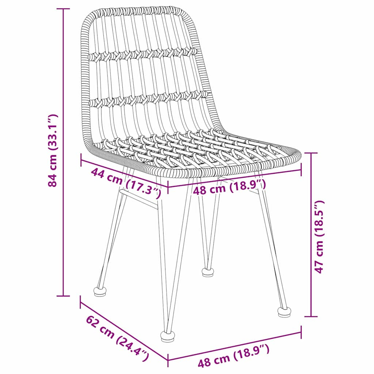 Una sedia con dimensioni in cm. Le misure sono visualizzate sull'immagine.