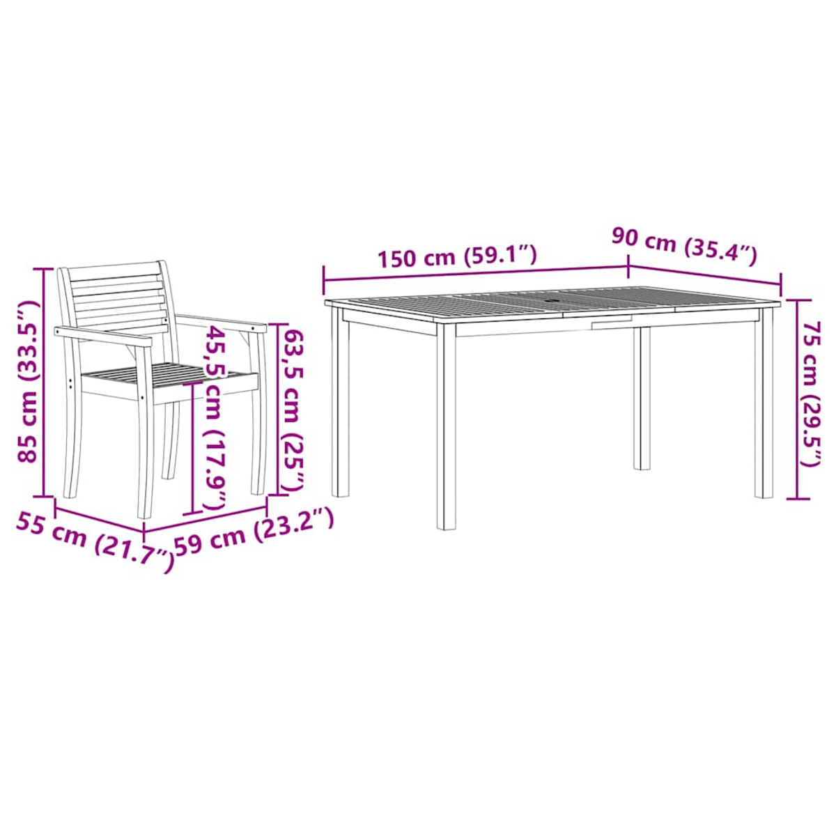 Holztisch und Stuhl Set mit Maßen in cm. Maße sind auf dem Bild angegeben.