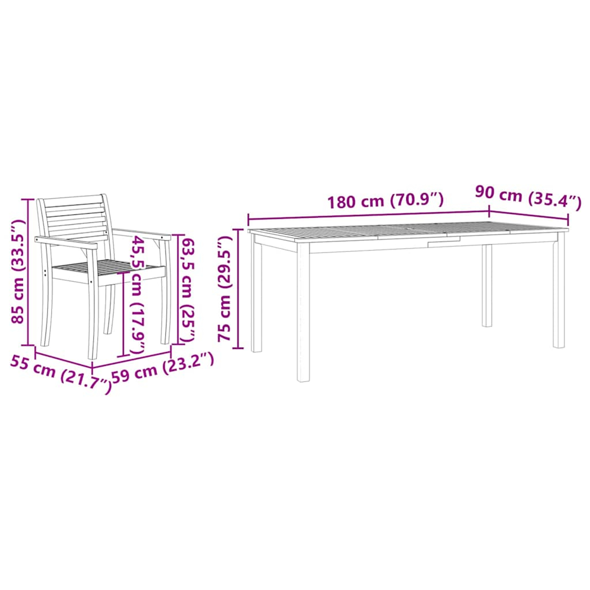 Ein Tisch- und Stuhlset. Der Tisch ist rechteckig. Der Stuhl hat eine Lattenlehne.