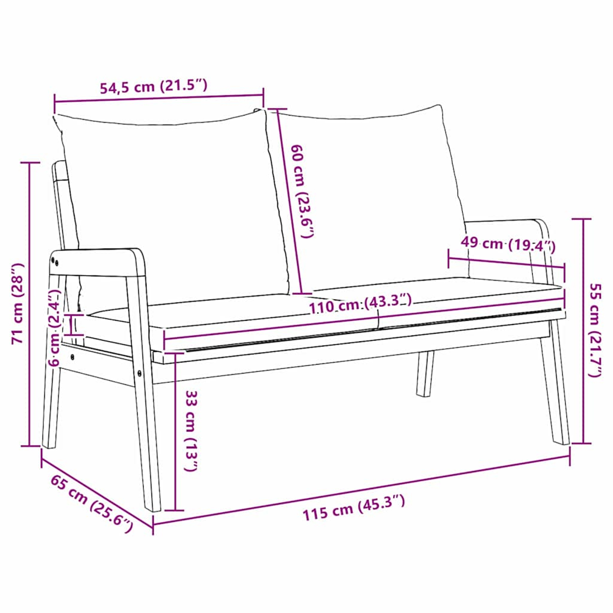 Ein Zweiersofa mit beschrifteten Abmessungen. Es hat Kissen und Armlehnen.