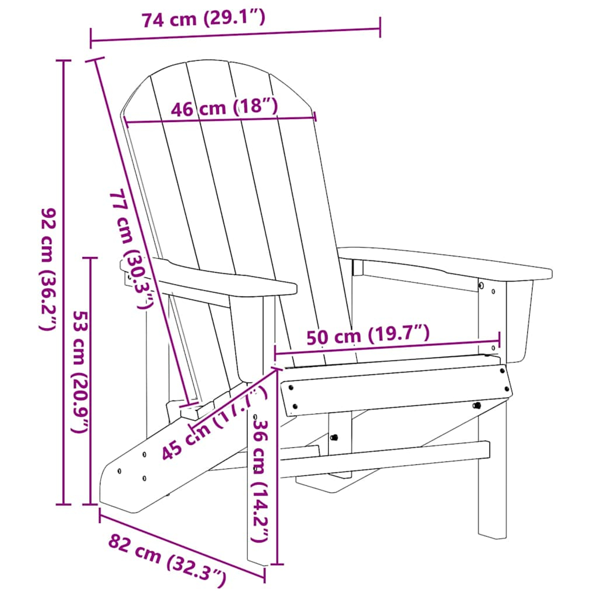 Ein hölzerner Adirondack-Stuhl mit beschrifteten Abmessungen. Er hat eine Lattenlehne und Armlehnen.