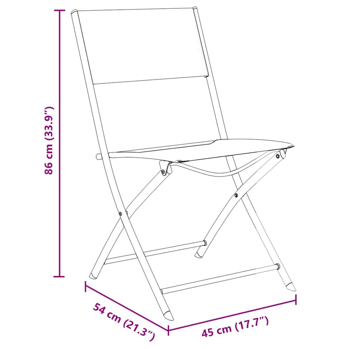 Klappstuhl aus Metall, einfaches Design. Abmessungen gezeigt.