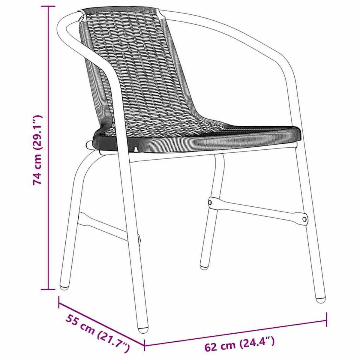 Metallrahmenstuhl mit gewebtem Sitz und Rücken. Abmessungen gezeigt.