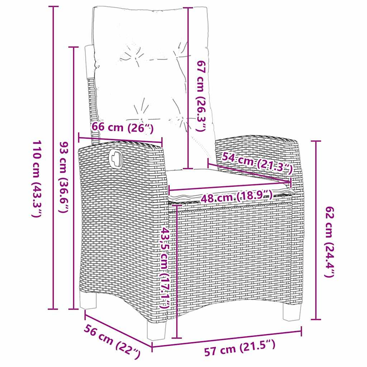 Sedia in vimini con cuscino, braccioli e dimensioni.
