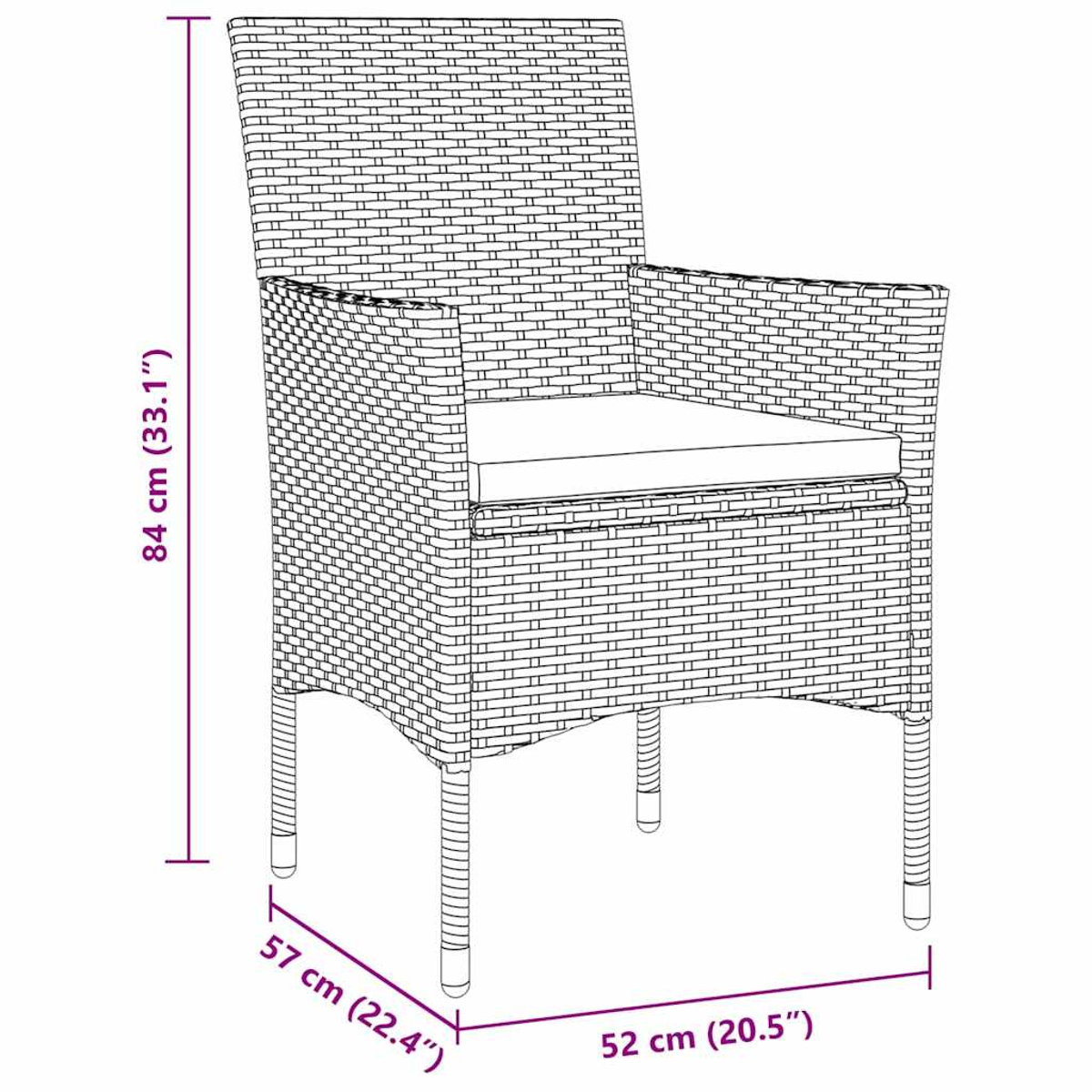 Una sedia in vimini con un cuscino. Le dimensioni sono indicate. Ha una forma quadrata e braccioli.