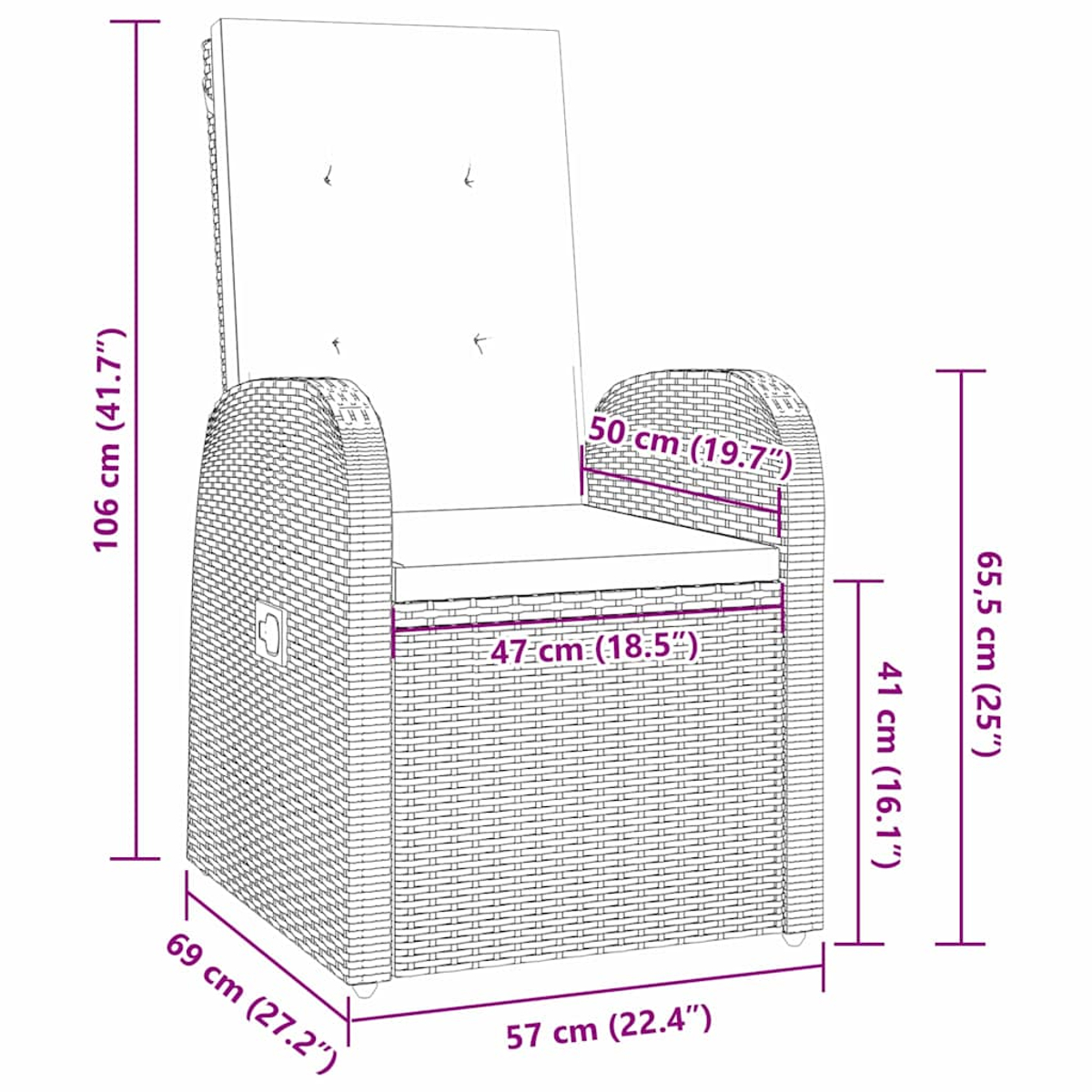 Sedia in vimini con cuscino e braccioli. Dimensioni indicate.