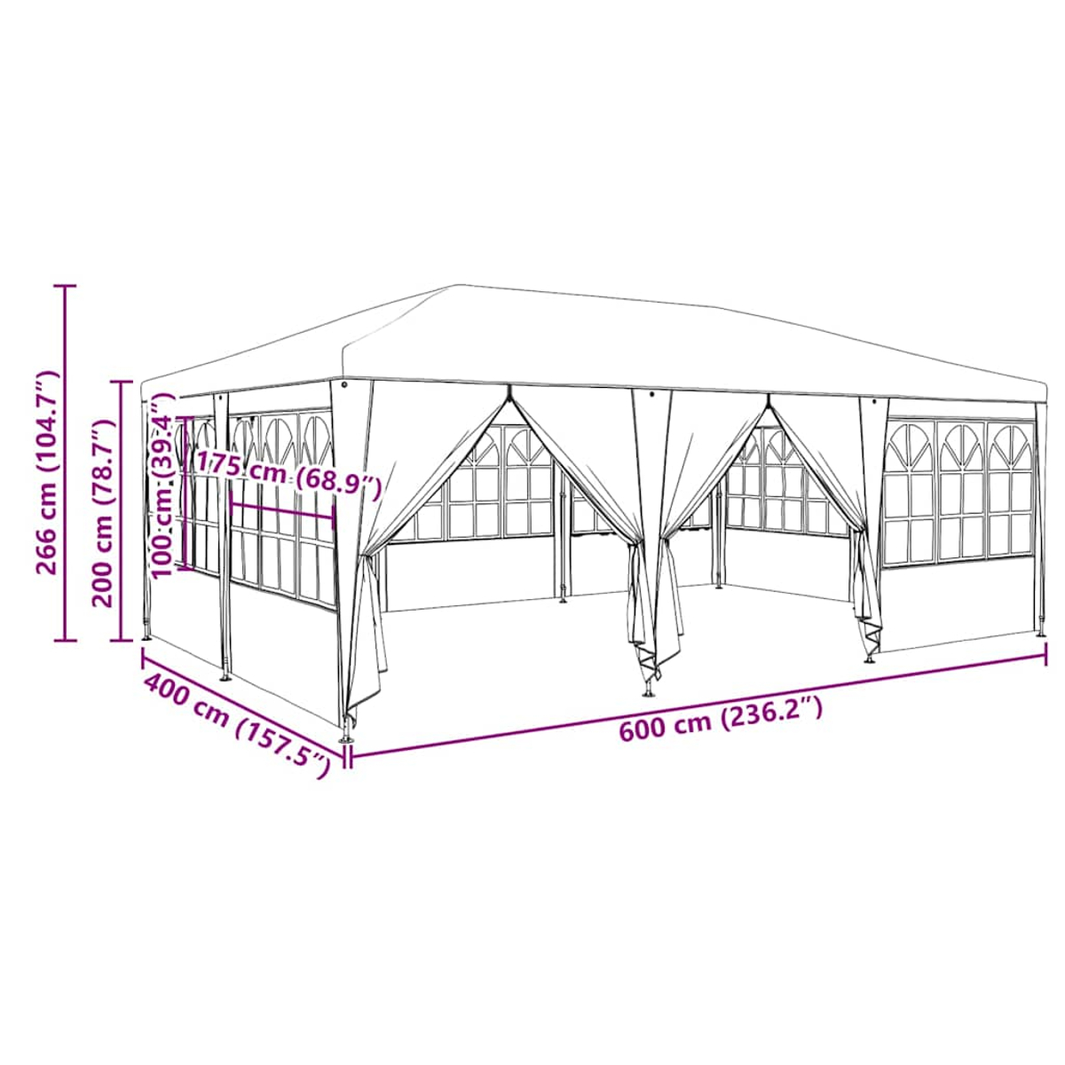 Ein großer weißer Pavillon mit beschrifteten Abmessungen.
