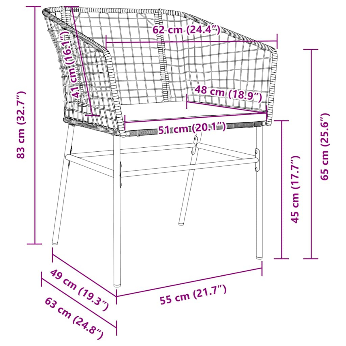 Ein Metallstuhl mit gewebter Sitzfläche und Rückenlehne. Abmessungen sind beschriftet. Er hat geschwungene Beine.