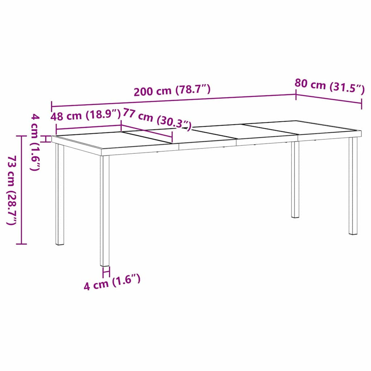 Una mesa rectangular con dimensiones etiquetadas. Es de color claro con patas de metal, extensible.