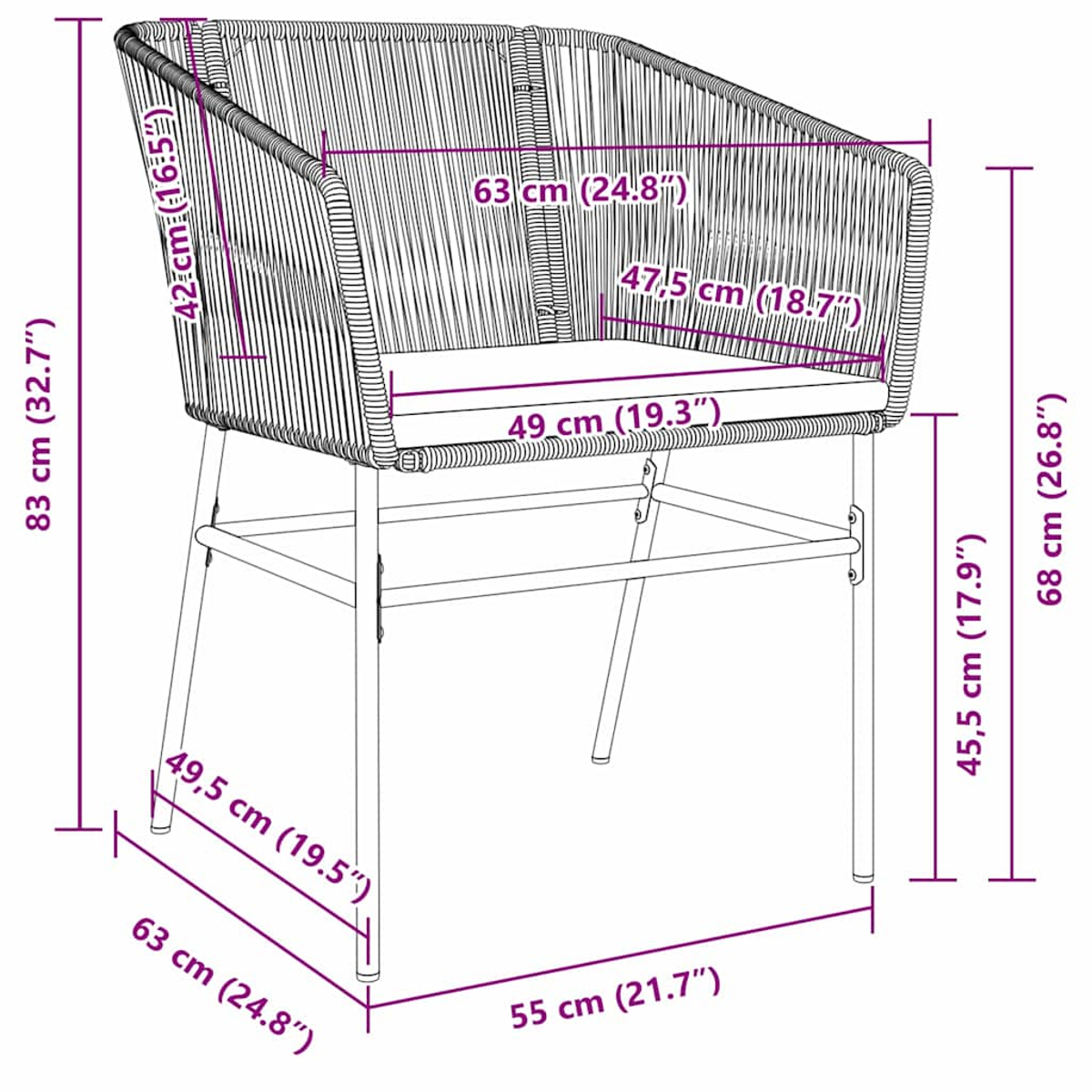 Stuhl mit Seildetails. Abmessungen sind beschriftet.