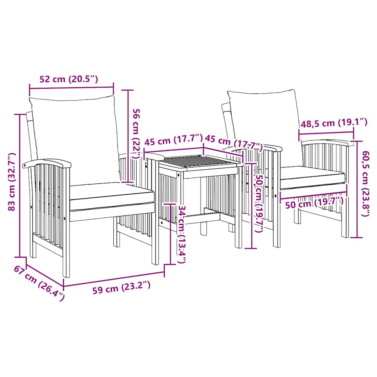 Dos sillas y una mesa pequeña, etiquetadas con dimensiones.