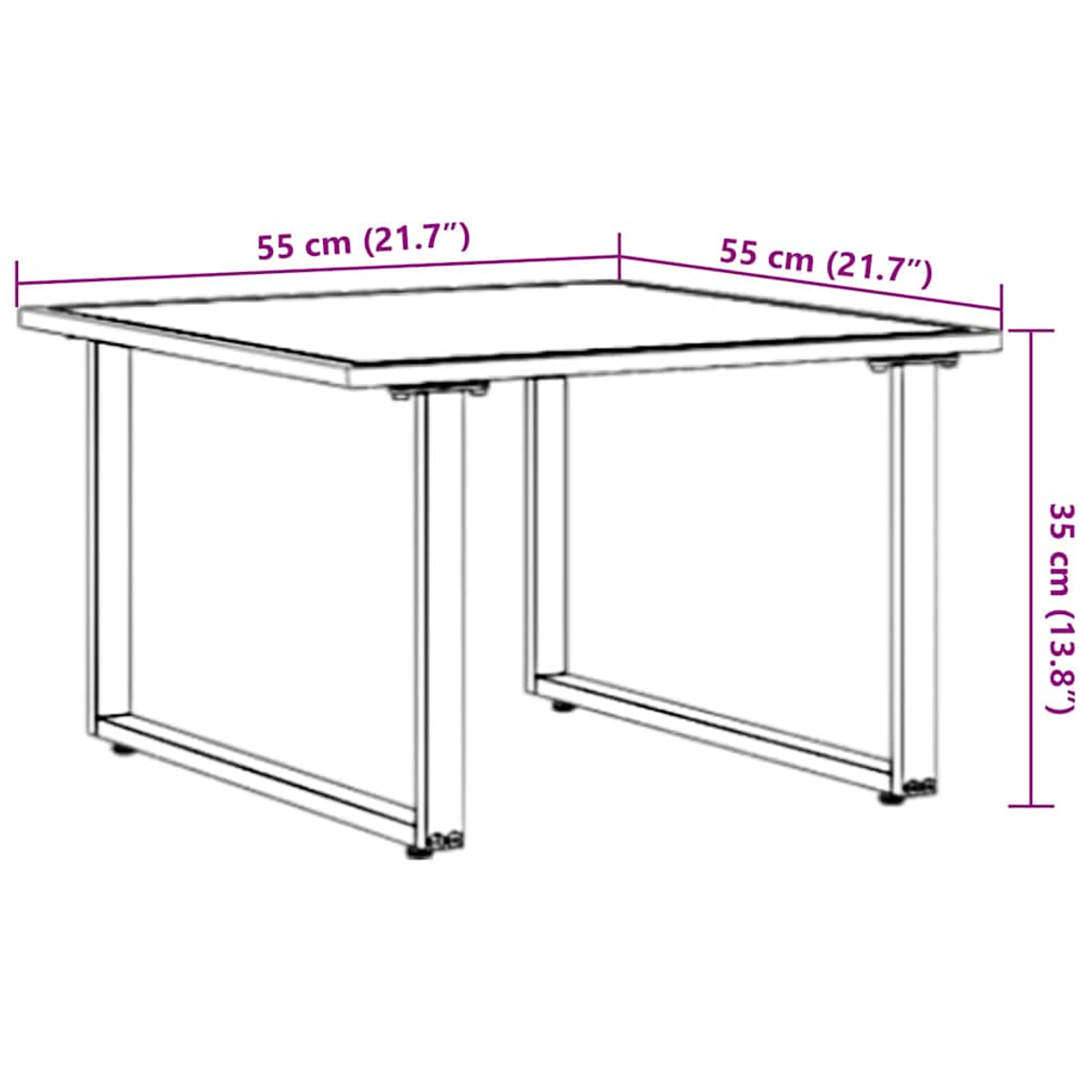 Quadratischer Tisch mit Maßen. Er hat ein einfaches Design mit vier Beinen und einer Tischplatte.