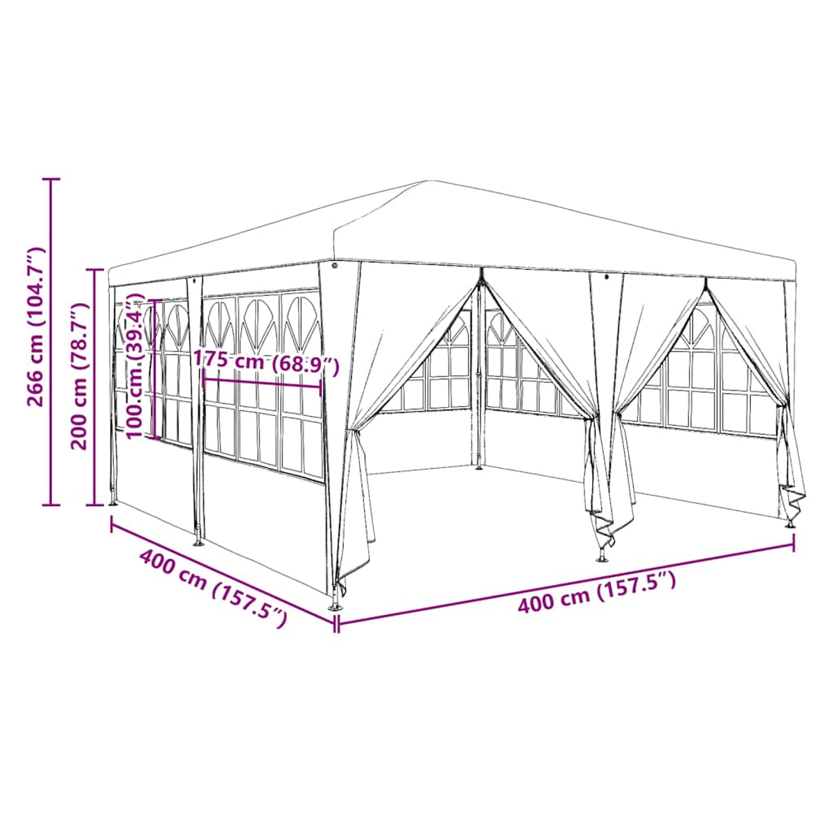 Ein rechteckiger Pavillon mit Vorhängen und Fenstern. Die Abmessungen sind beschriftet.