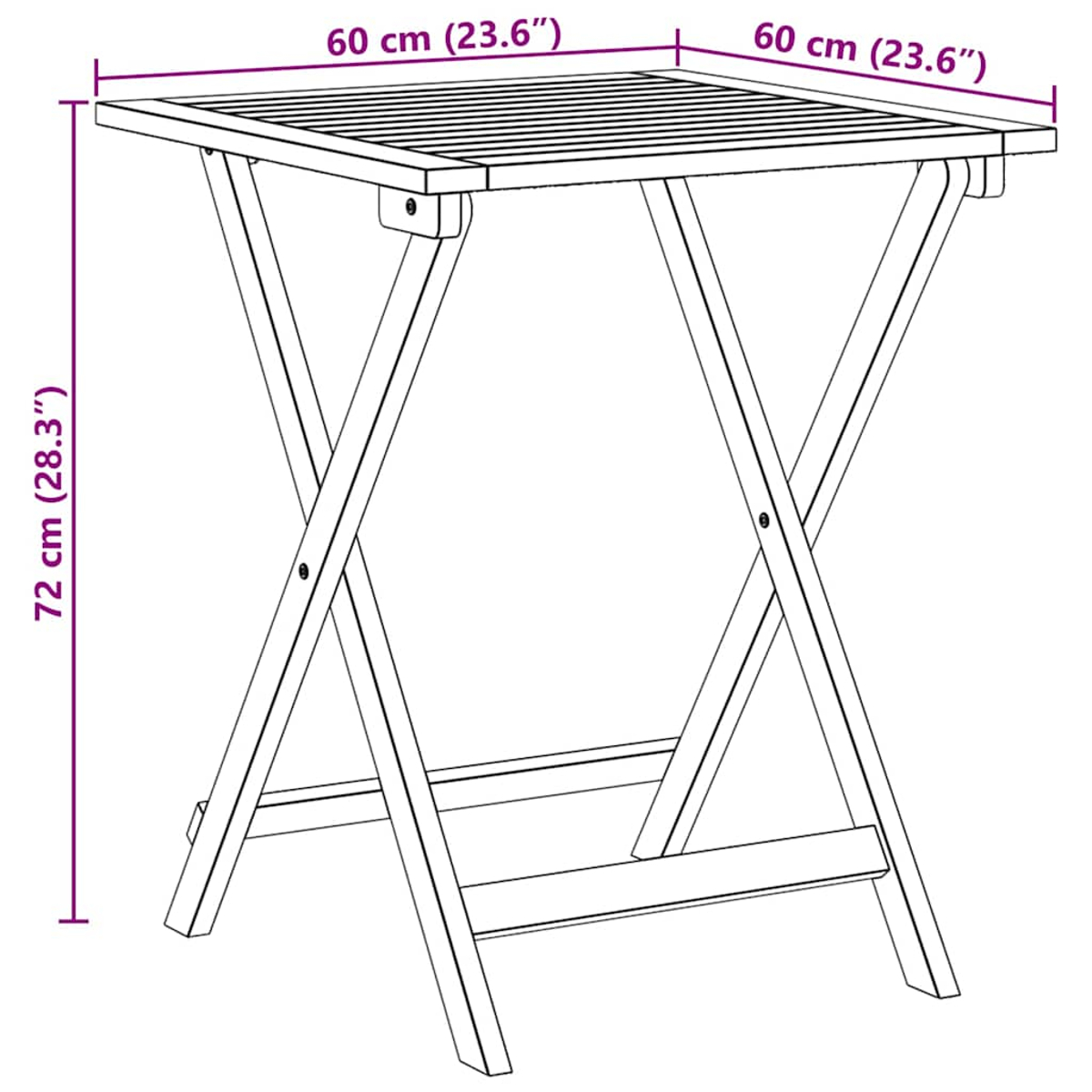 Ein kleiner, quadratischer Klapptisch mit beschrifteten Abmessungen. Er hat eine Lattenoberfläche.