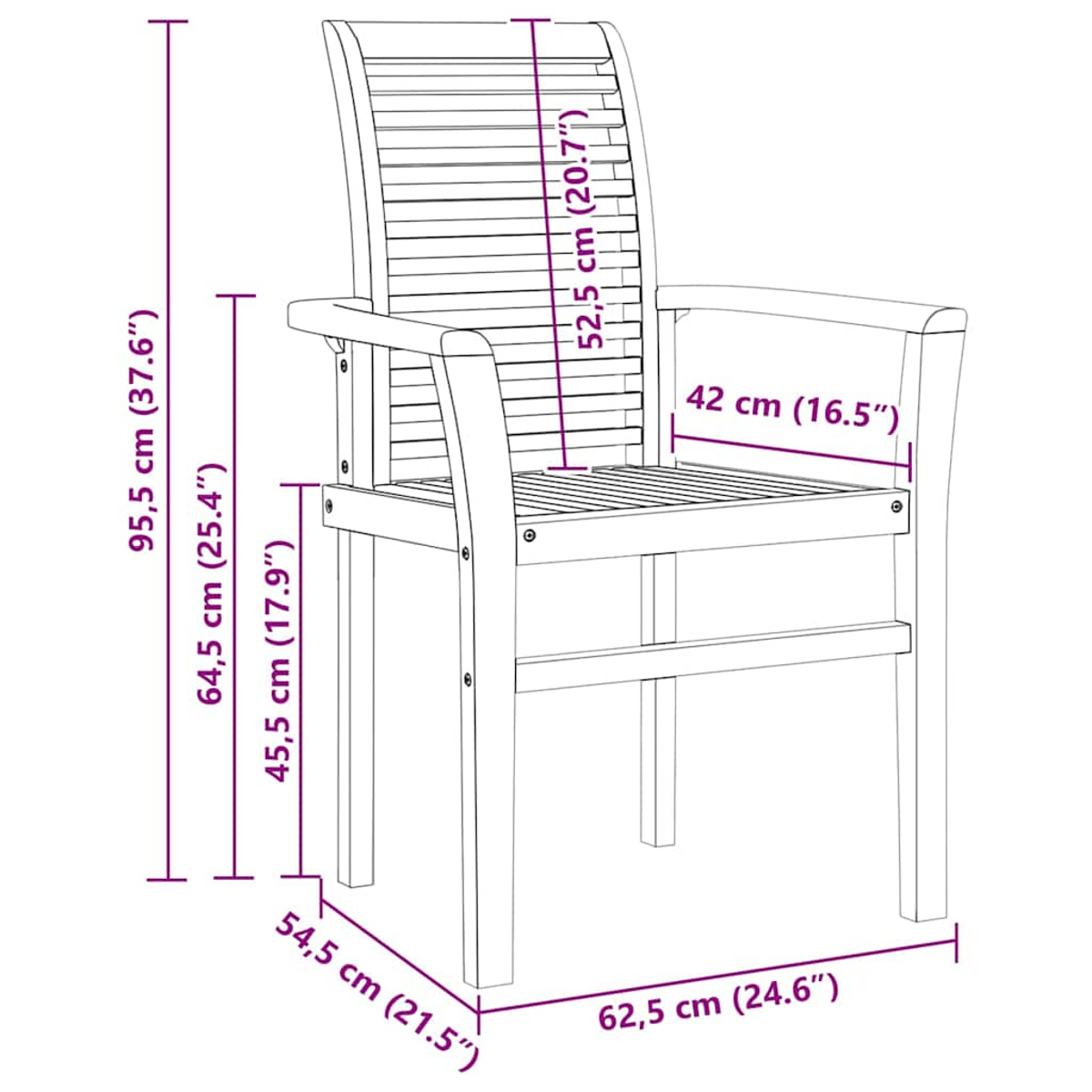 Ein Holzstuhl mit Lattenrücken und -sitz, mit beschrifteten Abmessungen.