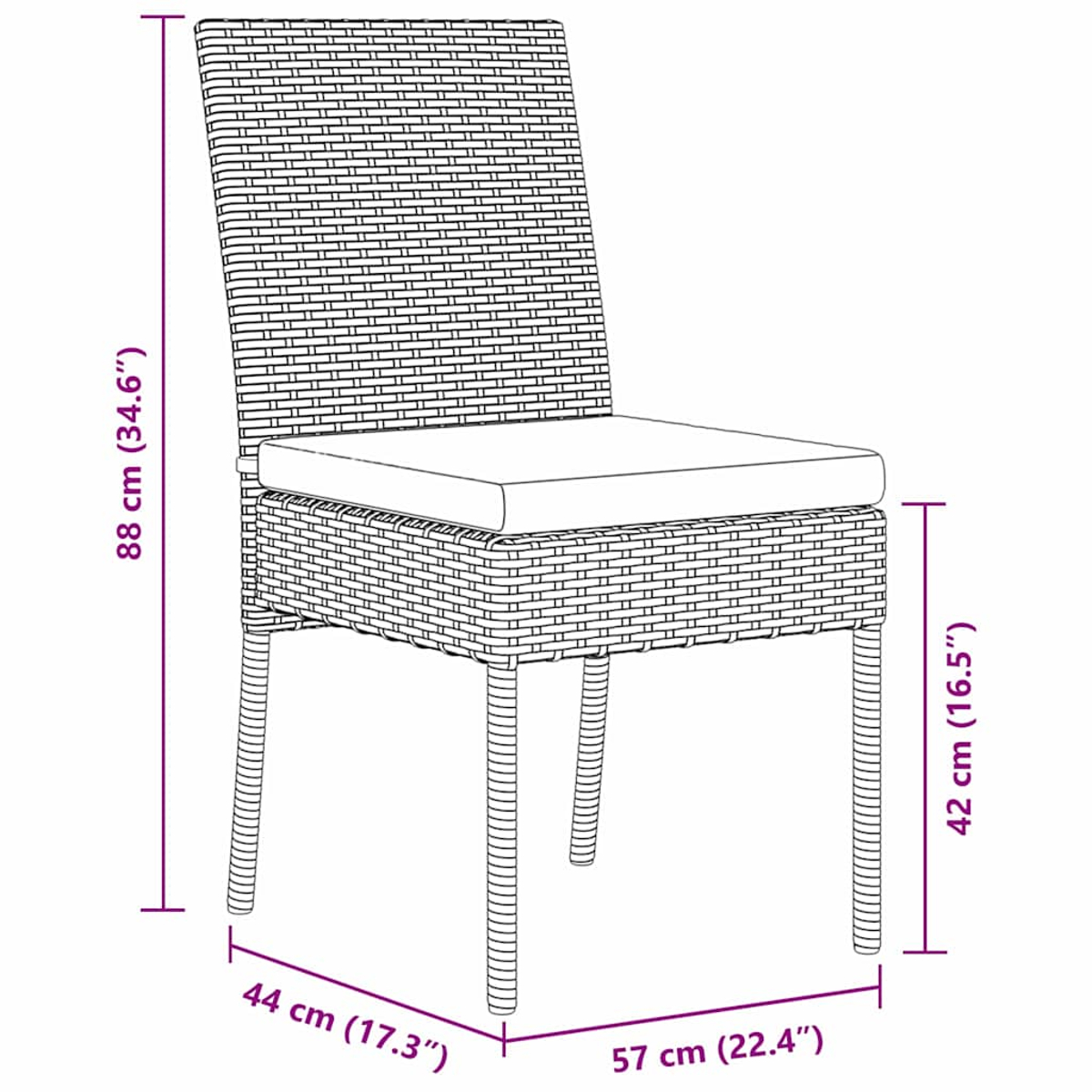 Ein Korbstuhl wird mit Maßen gezeigt. Der Stuhl hat ein Kissen und eine hohe Rückenlehne. Es ist ein einfaches, elegantes Design.