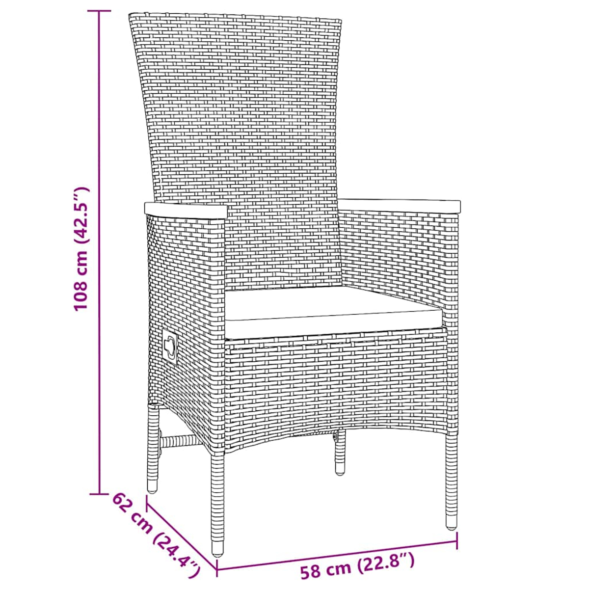 Ein hoher Stuhl für den Außenbereich mit gewebtem Design und Maßen, mit Kissen.
