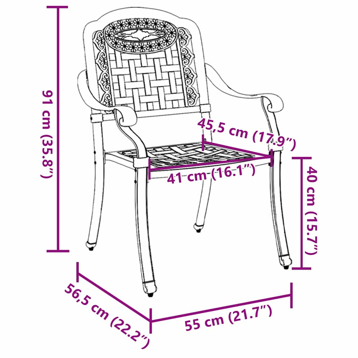Ein Metallstuhl mit aufwendigem Design, mit Abmessungen und Beschriftungen.