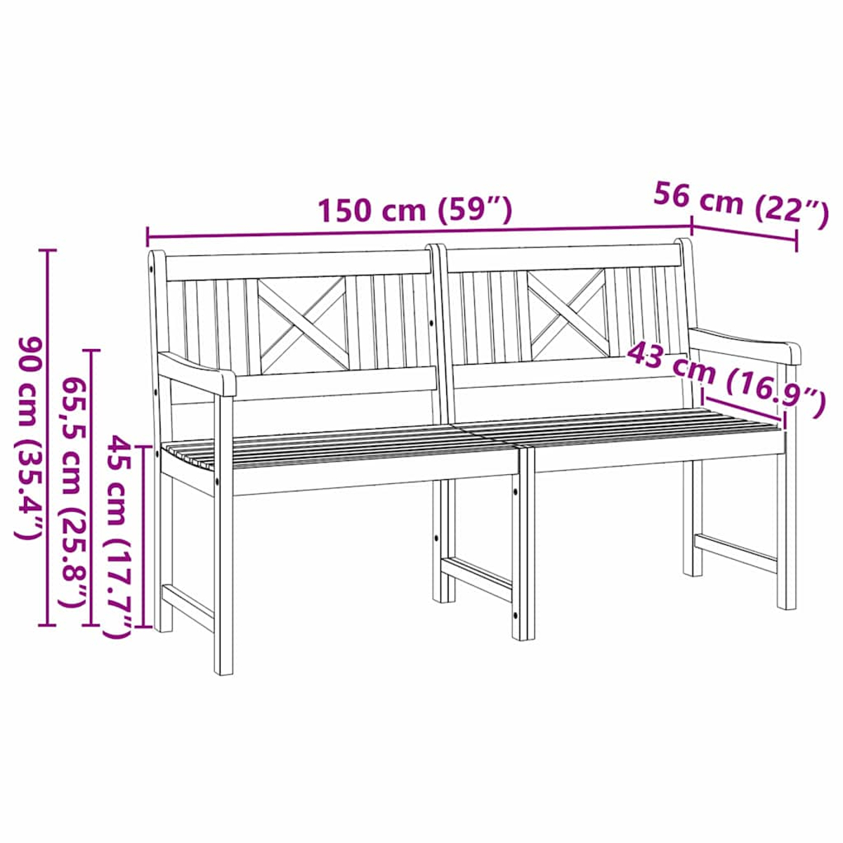 Banco de madera con dos secciones. Tiene asiento de listones y respaldos con forma de X.