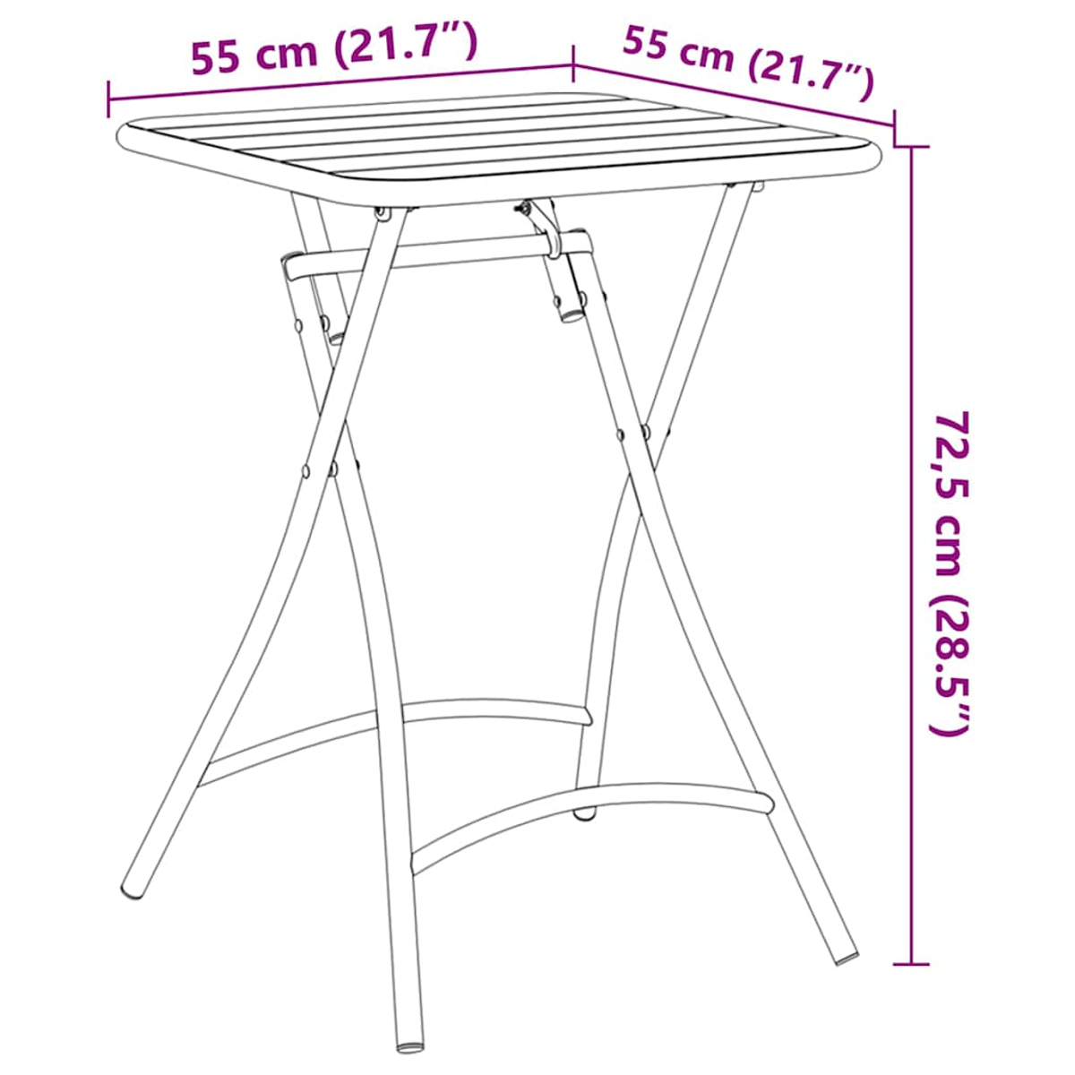 Klappbarer quadratischer Tisch mit Maßen. Er hat eine hellbraune Holzplatte und ein Metallgestell.