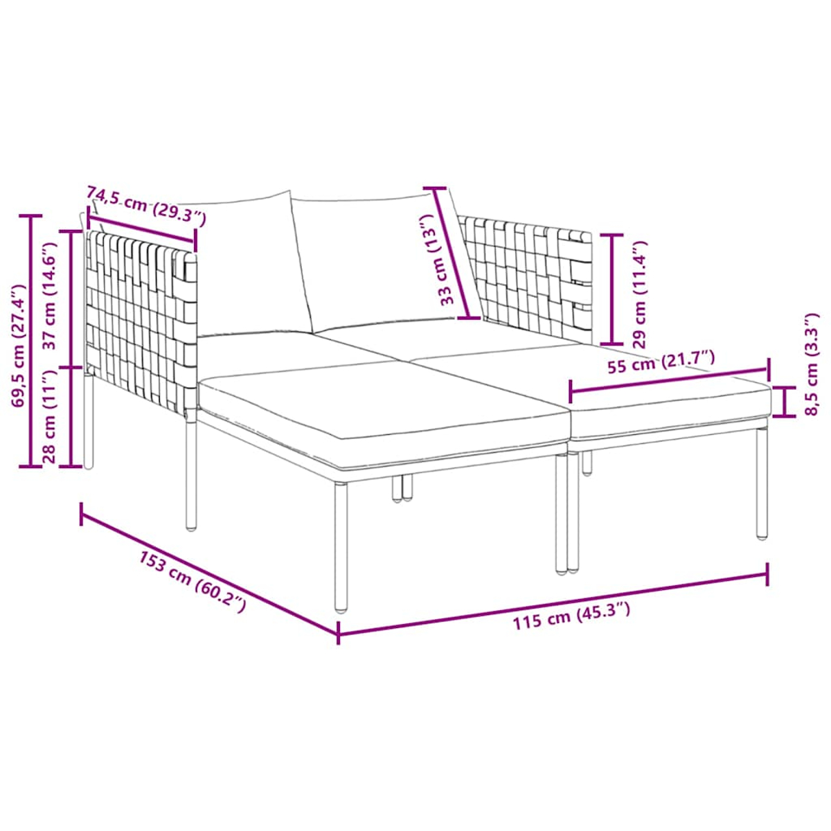 Ein Zweisitzer-Sofa mit Ottomane, beide in gewebtem Design. Maße sind mit lila Linien angegeben.