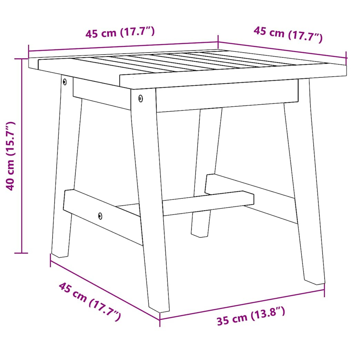 Una pequeña mesa de madera. La mesa es cuadrada con una parte superior de listones. Las patas son rectas e inclinadas hacia afuera.