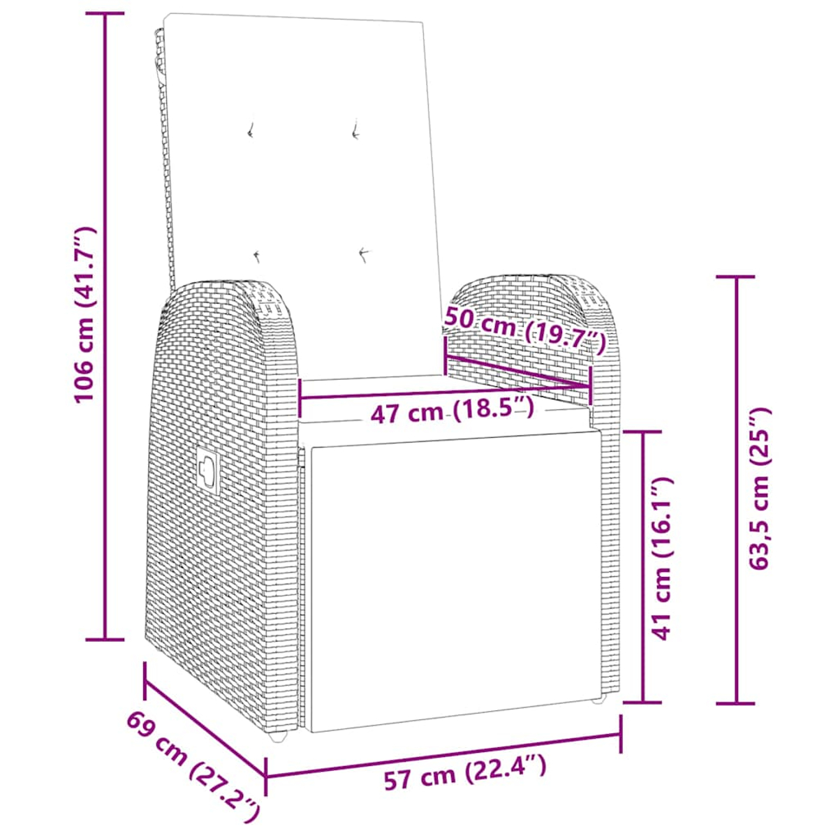 Contorno di una poltrona reclinabile in vimini con dimensioni in centimetri.