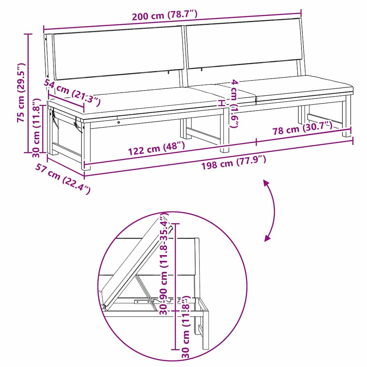 Eine große Holzbank mit Rückenlehne und Abmessungen wird gezeigt, zusammen mit einem eingesetzten Detail.